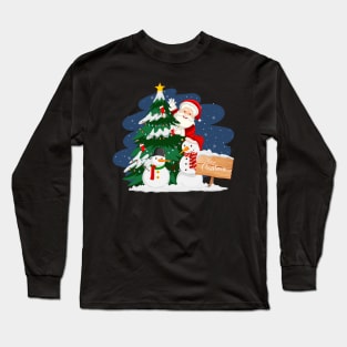Santa claus with christmas tree and snowman at night Long Sleeve T-Shirt